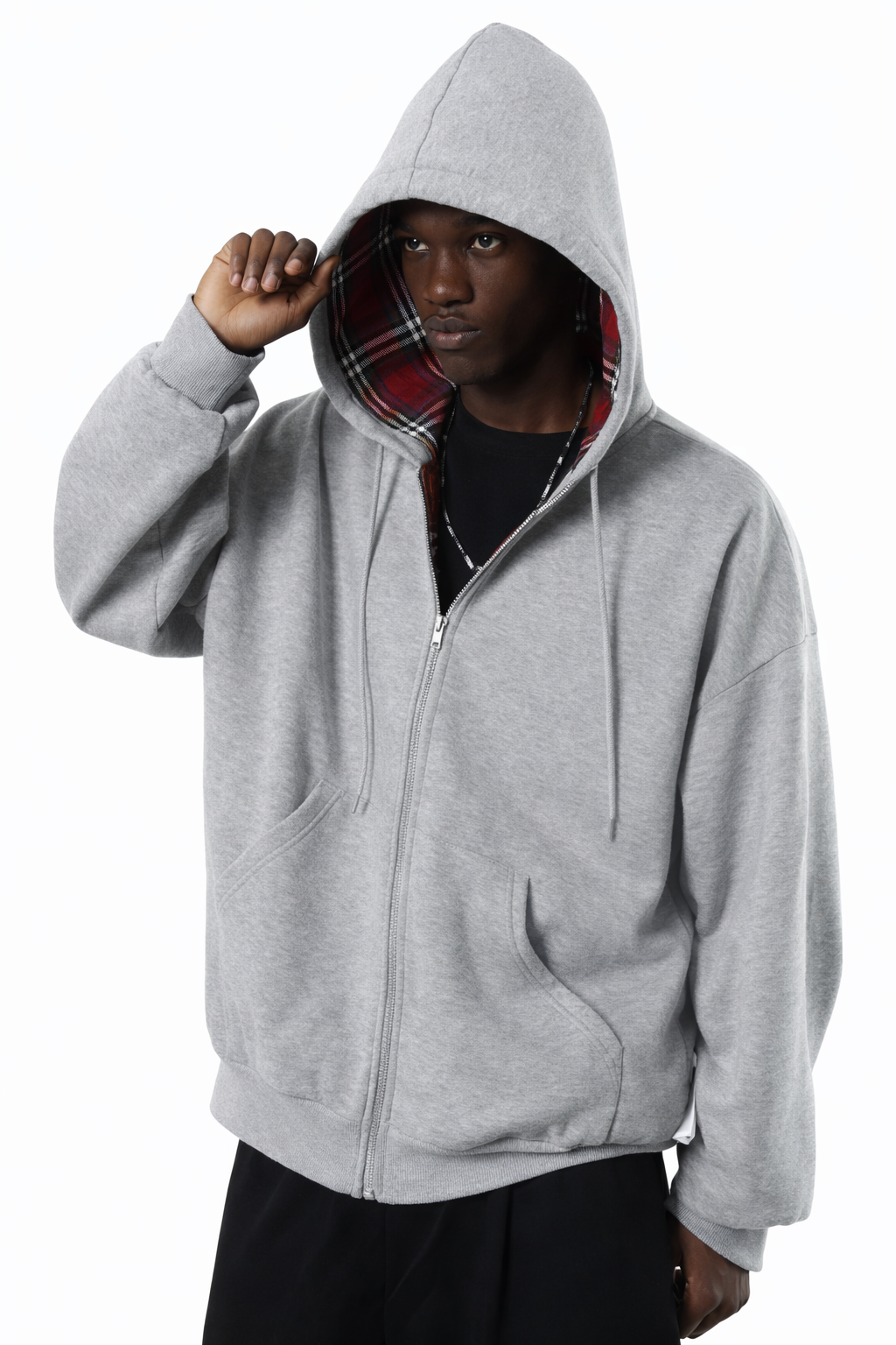 Sweat-shirt à capuche avec doublure à carreaux rouges