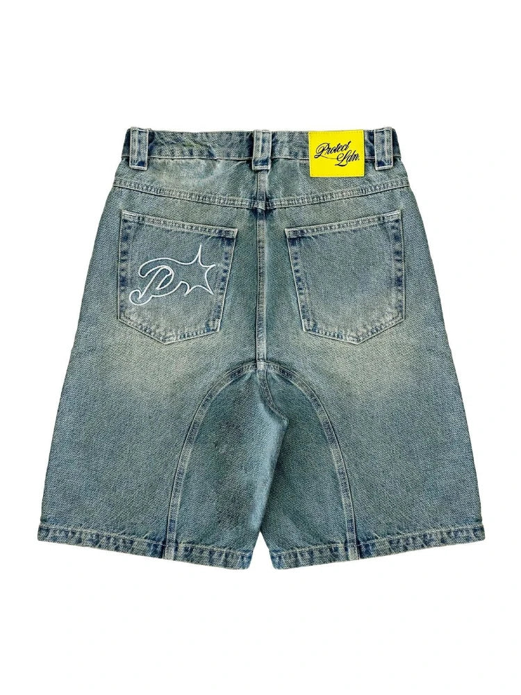 Short Denim Y2K Vintage Brodé — Streetwear Baggy Été
