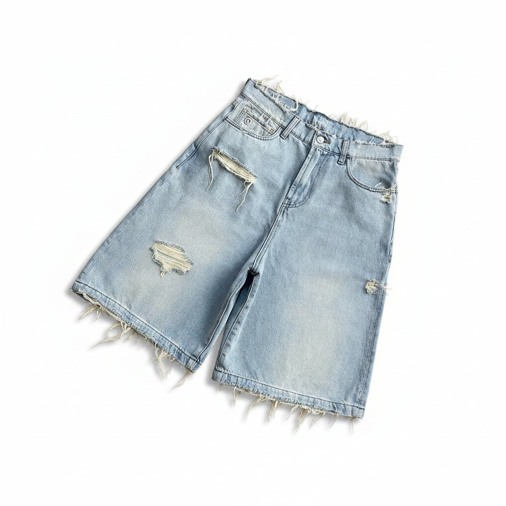Short Dénim Délavé en Détresse – Coupe Ample | Streetwear Casual Homme