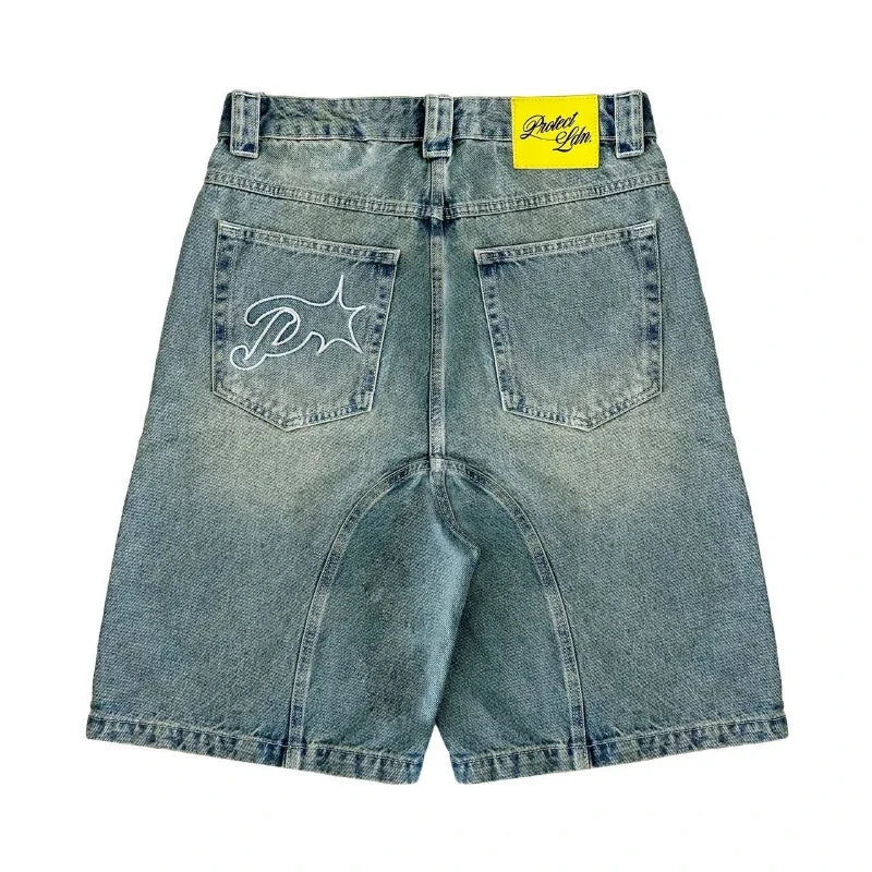 Short Denim Y2K Vintage Brodé — Streetwear Baggy Été
