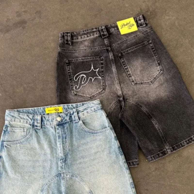 Short Denim Y2K Vintage Brodé — Streetwear Baggy Été