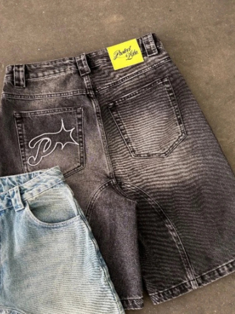 Short Denim Y2K Vintage Brodé — Streetwear Baggy Été